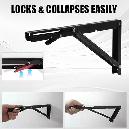Heavy Duty Black Folding Shelf Brackets (Pack of 2) – 550 lb Max Load, Wall Mounted Space-Saving Brackets for Shelves, Tables, Workbench, DIY Storage – Sturdy Steel Construction
