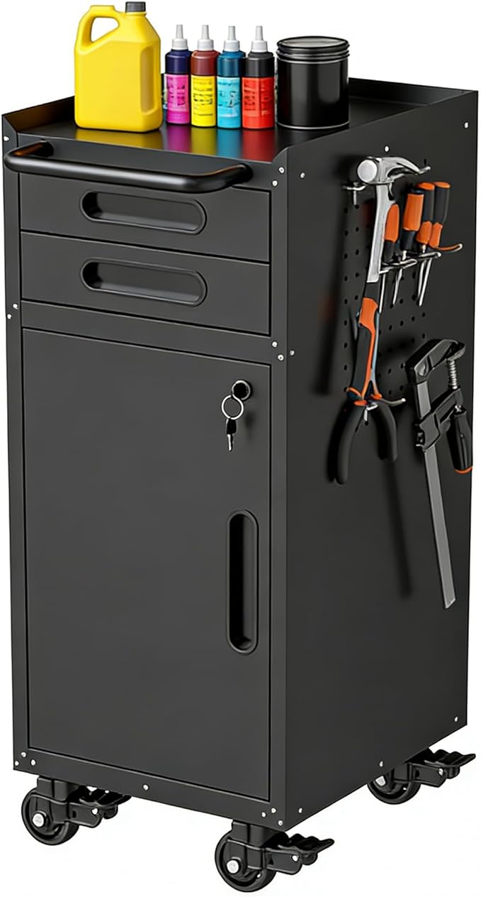 Metal Garage Storage Cabinet on Wheels, Lockable Rolling Tool Cabinet with Doors and 2 Drawers, Heavy Duty Mobile Steel Cabinet for Garage Warehouse Workshop