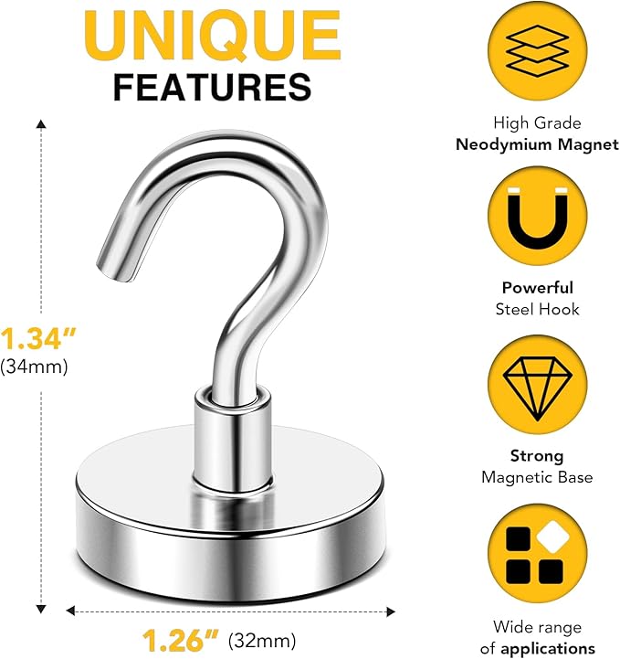 DIYMAG Magnetic Hooks, 120 LB Heavy Duty Strong Magnet with Hook, Rare Earth Neodymium Magnets for Hanging, Magnetics Hanger for Curtain, Home, Kitchen, Workplace, 20 Packs