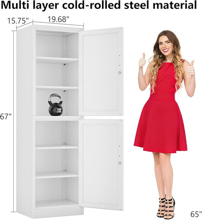 Metal Storage Cabinet with Lock 2 Doors and Shelves, Steel File Cabinets, Kitchen Pantry Cabinet Locker Organizer - 67" Tall Locker Storage Cabinets for Kitchen,Bathroom,Bedroom,Office