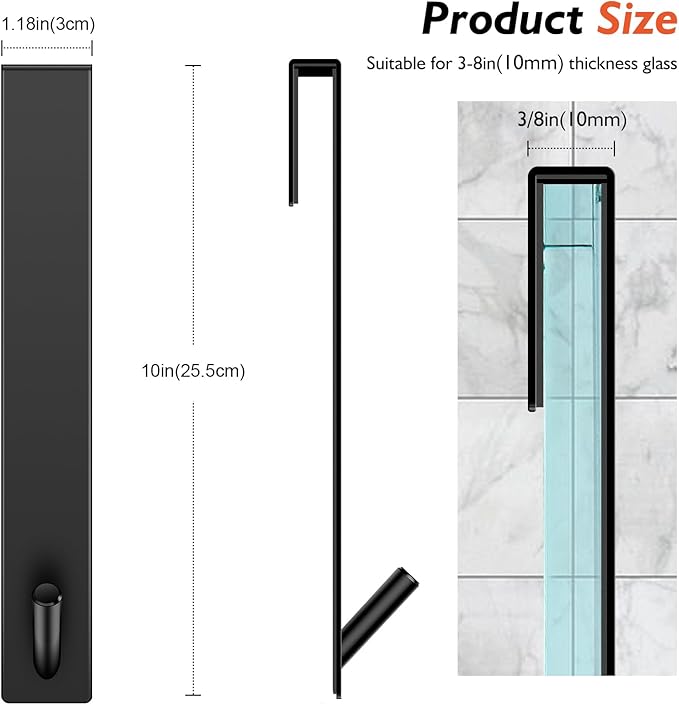 Shower Door Hooks(10 Inch),Extended Over Door Hooks for Bathroom Frameless Glass Shower Door,Stainless Steel Towel Hooks,Heavy Duty Rack Hooks for Robe,Towel-4 Pack-Black