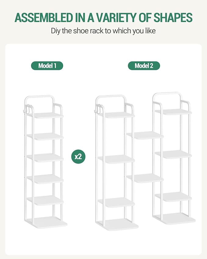6 Tiers Vertical Shoe Rack, Narrow Shoe Tower, Tall Shoes Shelf with 2 Hooks, Adjustable Shelves, Corner Shoes Shelves for Small Spaces, Entryway, Living Room, White SR04213W