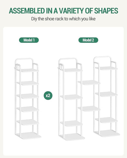 6 Tiers Vertical Shoe Rack, Narrow Shoe Tower, Tall Shoes Shelf with 2 Hooks, Adjustable Shelves, Corner Shoes Shelves for Small Spaces, Entryway, Living Room, White SR04213W