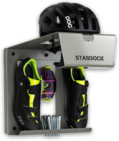 Stasdock Wall Bike Rack | Bike Storage Wall Mount System | For Race Bicycles (Silver Metallic) and Mountain Bikes | Bike Shelf | Indoor bike wall bracket | Stores helmet and shoes | Home and Garage