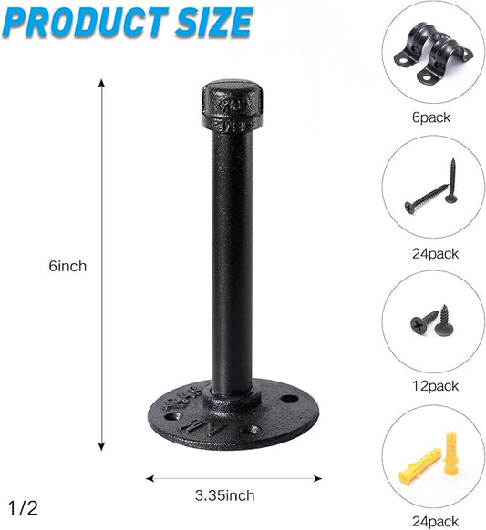 1/2" Industrial Black Iron Pipe Shelf Brackets, Rustic Wall Mounted DIY Shelving Bracket Hanging Custom Pipe Brackets for Floating Shelves (6 Inch, Piece, 6.0)