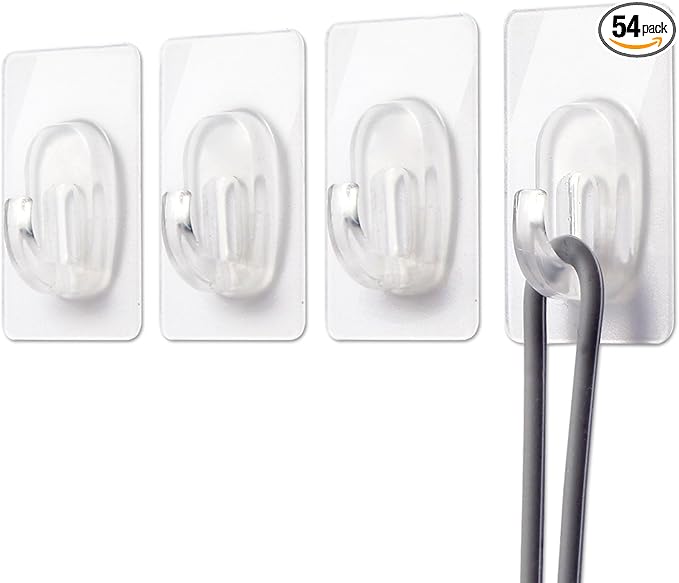 54 Pack Small Adhesive Wall Hooks, Clear Mini Hooks with Adhesive Strips, Damage Free Sticky Hooks for Hanging Decorations,Lights and Cables