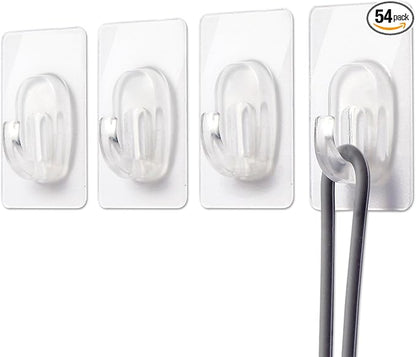 54 Pack Small Adhesive Wall Hooks, Clear Mini Hooks with Adhesive Strips, Damage Free Sticky Hooks for Hanging Decorations,Lights and Cables
