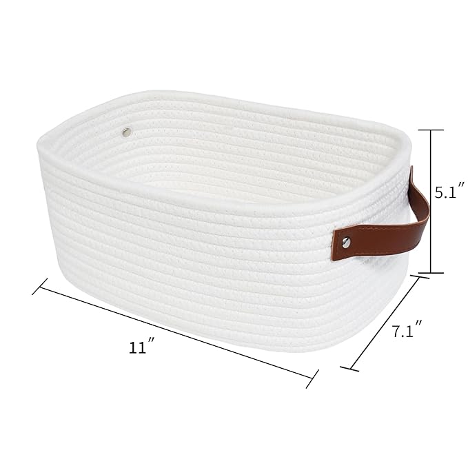 ABenkle Small White Basket with Handle, Soft Woven Storage Bins Baskets for Cat and Dog Toys Organizer, Decorative Shelves Closet Organizing Basket Chest Box, Empty Gift Baskets