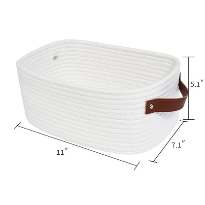 ABenkle Small White Basket with Handle, Soft Woven Storage Bins Baskets for Cat and Dog Toys Organizer, Decorative Shelves Closet Organizing Basket Chest Box, Empty Gift Baskets