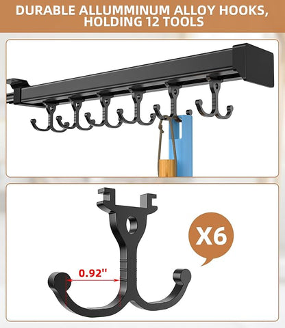 Pull Out Broom Holder With Adjustable Double Row Sliding Hook, Multifunctional Slide Broom And Mop Storage/Organizer Garage Organization Hooks, for Closet Laundry Garage - 36cm/14.17in