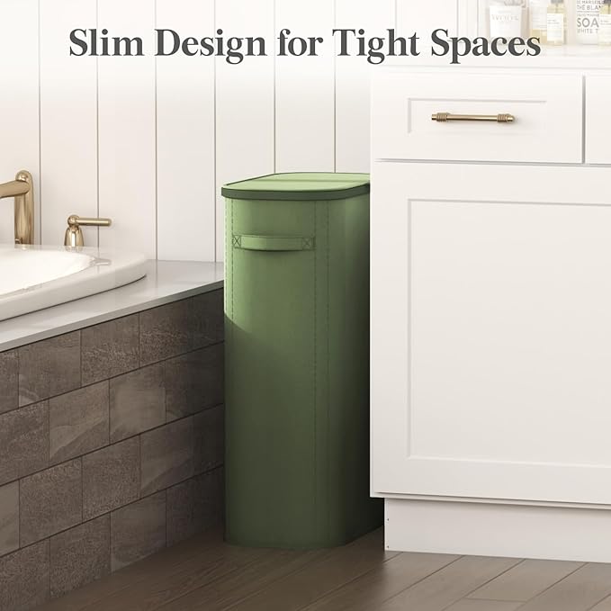 Lifewit 65L Slim Laundry Basket with Lid, Narrow Large Laundry Hamper with Plastic Handles and Removable Bag, Tall Foldable Dirty Clothes Hampers for Laundry Room, Bedroom, Bathroom, Dorm, Green