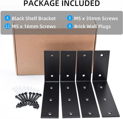 YUMORE Black Shelf Bracket, 7 Inch L Brackets Heavy Duty, Stainless Steel Shelf Supports Wall Mounted for Floating Shelves, Includes Hardware, 4 Pack