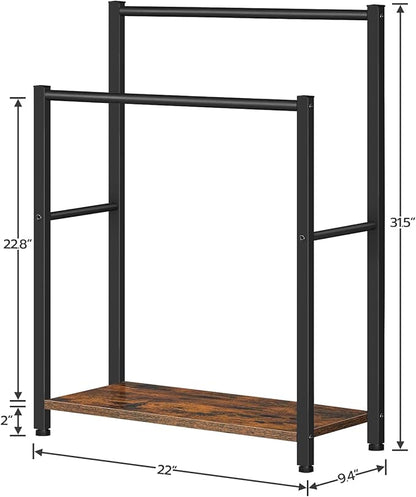 HOOBRO Free Standing Towel Rack for Bathroom, 22" L x 9.4" W x 31.5" H, 2 Tier Blanket Rack, Blanket Holder, Drying and Display Rack with Shelf, Rustic Brown and Black BF04LB01