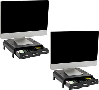 Mind Reader Monitor Stand, 3 Storage Drawers, Desktop Organizer, Riser, Office, 13.5"L x 13"W x 4"H, Set of 2, Black