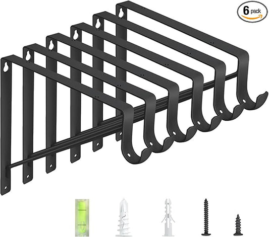 6-Pack Closet Rod Bracket, 10.8x10.8Inch Closet Shelf Brackets Heavy Duty Wall Mounted, Matte Black Steel Closet Rod Support Brackets Holder, 300 Lbs Load Capacity with Anchors Screws