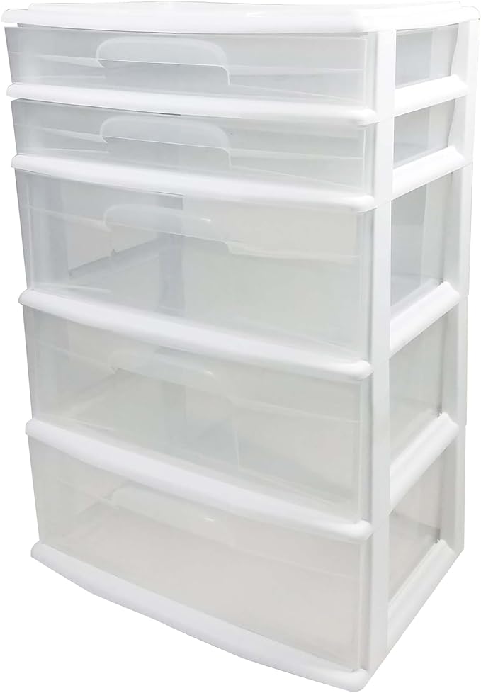 HOMZ Drawer Tower, 5-Tier Extra-Wide Clear Plastic Storage Organizer Cart, White Frame - Organizing Containers for Home, Office, Bathroom, Bedroom, and Classroom