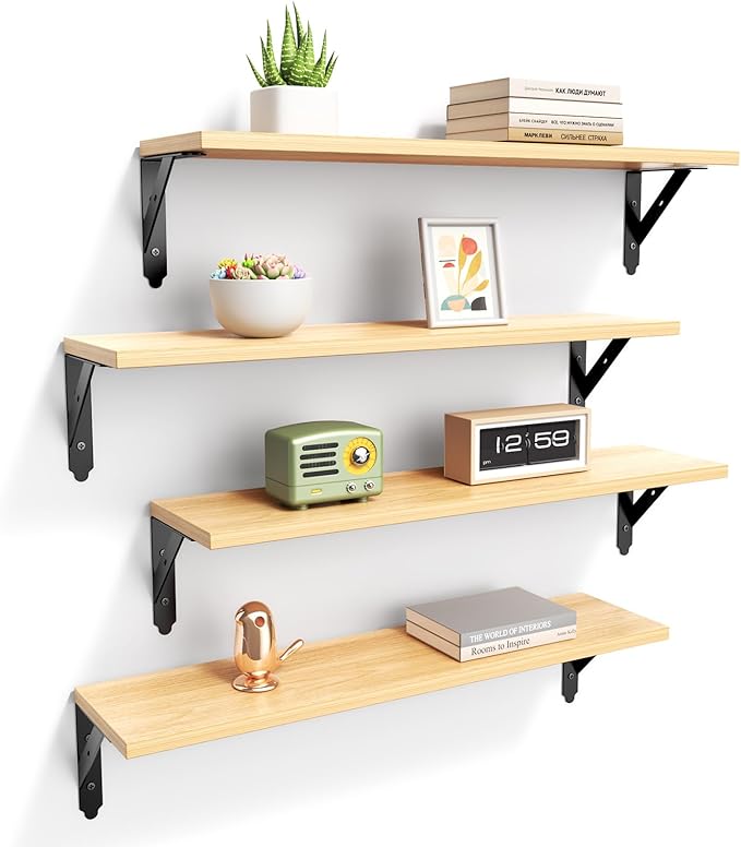 Wood Floating Shelves Set of 4, Rustic Storage Decor Wall Shelves, Wall Mounted Shelf for Living Room, Bedroom 23.6" x 6", Natural
