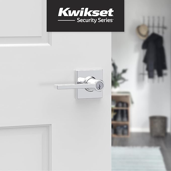 Kwikset Casey Entry Door Handle with Lock and Key, Secure Keyed Reversible Lever Exterior, for Front Entrance and Bedrooms, Polished Chrome, 4 Pack, Pick Resistant SmartKey Rekey Security