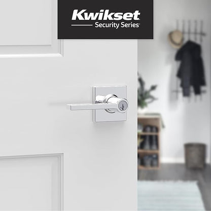 Kwikset Casey Entry Door Handle with Lock and Key, Secure Keyed Reversible Lever Exterior, for Front Entrance and Bedrooms, Polished Chrome, 4 Pack, Pick Resistant SmartKey Rekey Security