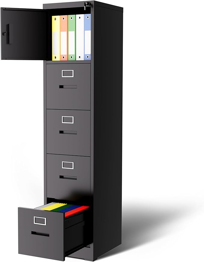 4 Drawer Metal Locking File Cabinet with 1 Door Heavy Duty Lockable Filing Cabinets Home Office Steel File Cabinet Black Vertical File Cabinets for Legal/Letter Size File,Assembly Required
