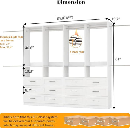 Closet System with Drawers, 8FT Closet Organizer System Wood Walk-in Closet Shelf Corner Small Closets Storage System with Hanging Rods Modular White (8FT)