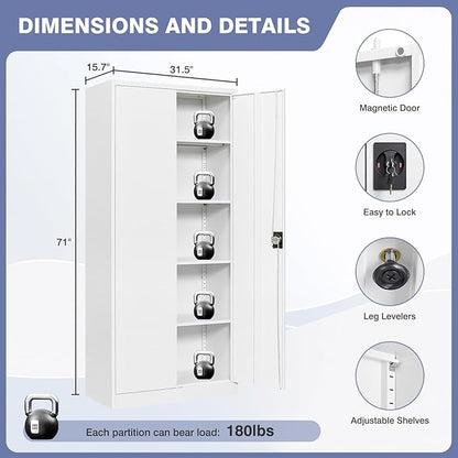 Metal Cabinet,71" Lockable Storage Cabinet with 2 Doors and 5 Adjustable Shelves,Tall Steel Cabinets for Garage,Home Office,Basement,School,Hospital(White)