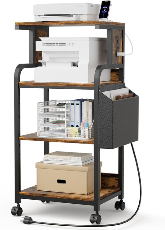 Tall Printer Stand with Storage Adjustable Shelf and Bag, 4-Tier Large Printer Table with Charging Station for Home Office, Printers Cart with Wheels for 3D Shredder Scanner Fax (Retro Brown)
