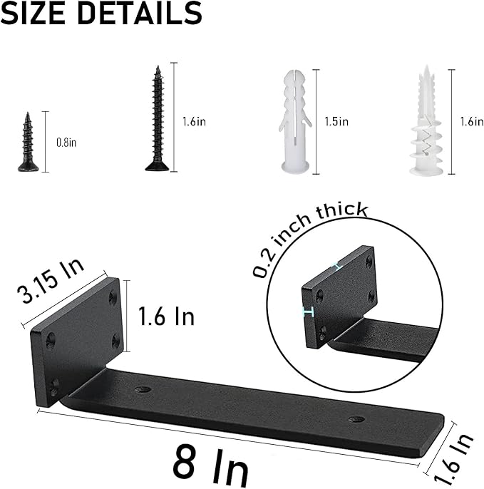 Premium Heavy Duty Shelf Brackets – 0.2In Thick Black L Shape Shelf Bracket, Hidden Steel Brackets for Shelves - 8 Inch Heavy Duty Floating Shelf Hardware (6Pcs)