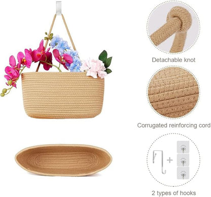 TeoKJ Over the Door Hanging Basket, 3-Tier Woven Cotton Wall-Mounted Storage Organizer Bag Decorative Hanging Nursery Baskets - Jute