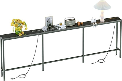 94.5" Behind Couch Table with 2 Fast Charging Stations, 7.1" Narrow Skinny Sofa Table with 4 Power Outlets, 4 USB-A, 2 USB-C for Console Entryway, Black
