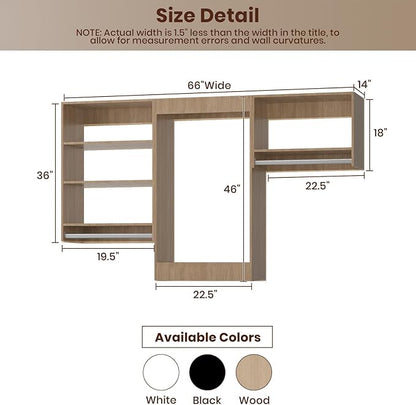 ROOMTEC Modular Closet System, 66" Closet Organizer with Hanging Rods, Wall-Mounted Wooden Tower for Walk-In Closets, Wardrobe Storage Kit, Wood