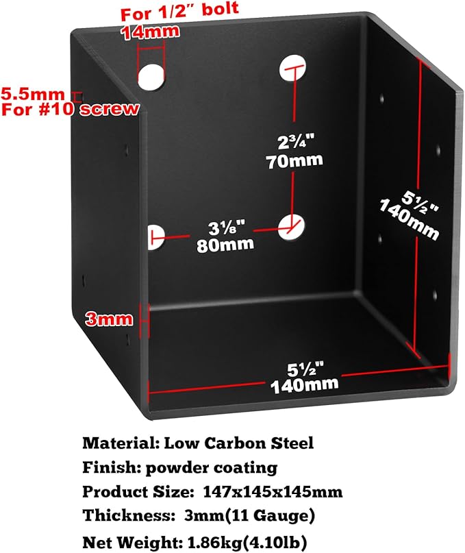 2 Pack 11 Gauge(3 mm Thick) Pergola Wall Mount Bracket for 6x6 Post,Black