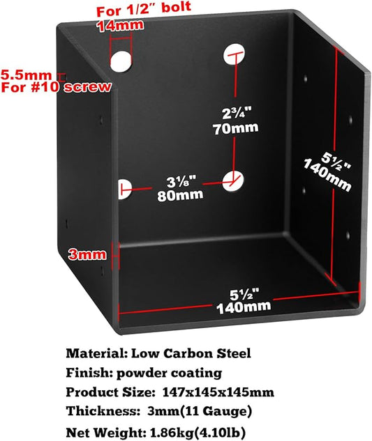2 Pack 11 Gauge(3 mm Thick) Pergola Wall Mount Bracket for 6x6 Post,Black