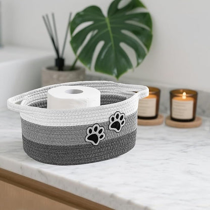 Small Woven Cotton Rope Nursery Organizer Bins, Dog Toy Basket Bins with Handle, Cute Empty Baby Gift Storage Baskets with Paw