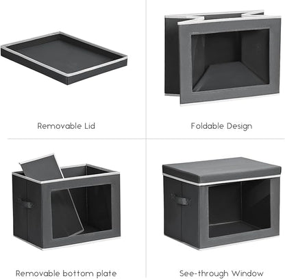 Storage Bins with Lids - Small Fabric Organizers with Window, Collapsible Storage Bins for Clothes, Decorative Closet Organizers for Towels, Tshirt, 4 Pack, Dark Grey