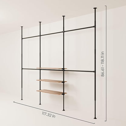 pamo Industrial Pipe Clothing Rack with Shelf - 550 lbs Capacity - Clamping Clothes Rack and Walk In Closet with Oak Shelf for Wardrobe