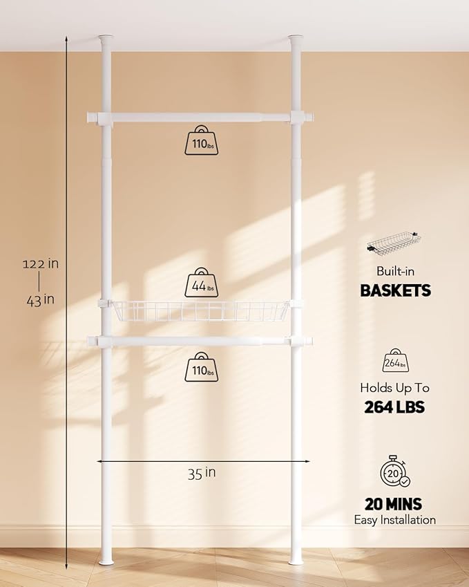 Floor-to-Ceiling Clothing Rack with Wire Storage Basket, Double Hanging Rods, Adjustable Tension Closet Organizer for Bedroom, Walk-In Closet, Laundry Room, 2-Pole, White