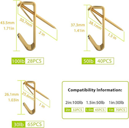 Picture Hanging Kit, Extra Thick, 100lb 50lb 30lb, Heavy Duty Plaster Wall and Drywall Large Hangers and Hooks Hardware for Painting and Frame to Hang on, 280pcs Gold with Nails