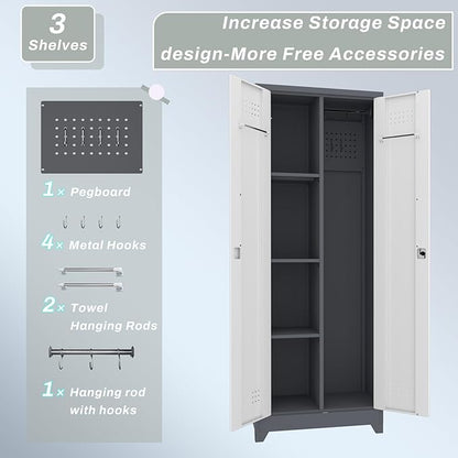 Locking Cabinet,Metal Garage Storage Cabinets with 2 Doors,Garage Tool Storage Cabinets with 3 Adjustable Shelves,Lockable Storage Cabinet for Basement,Home Office,Grey-White