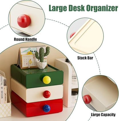 4Pcs Desk Organizer, FHDUSRYO Stackable Desktop Storage Box with Drawer, Large Desk Drawer Organizer with Cute Handle, Plastic Makeup Storage Drawer, Desk Organizer and Accessories for Home Office