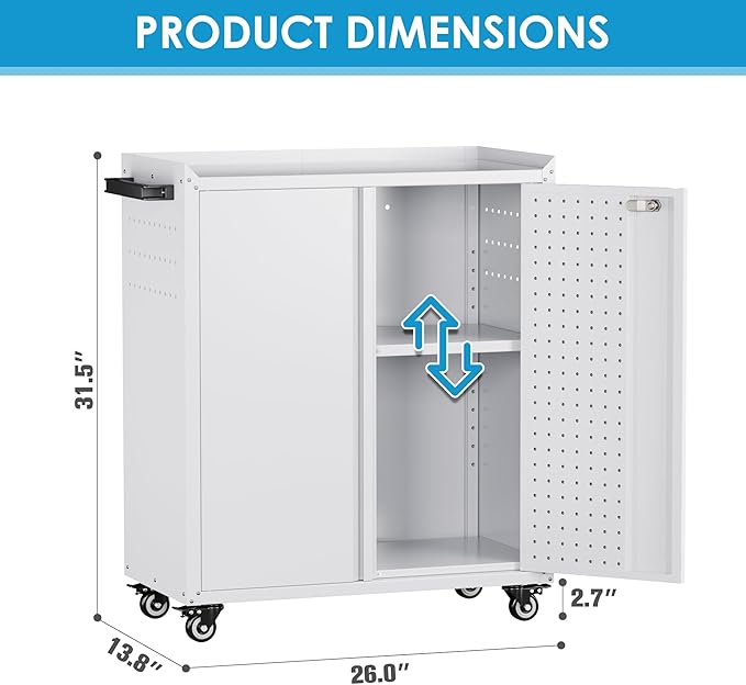 Aobabo 31.5" H Garage Storage Cabinet with Wheels,Lockable Metal Storage Cabinet with 2 Doors for Garage Home Office Storage,White,Assembly Required