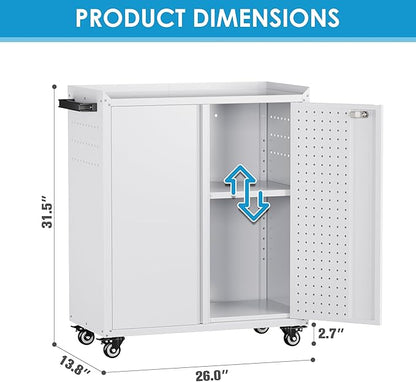 Steel Garage Storage Cabinet with Wheels and 2 Lockable Doors, Metal Storage Cabinet with Pegboard and Hooks for Garage,Home,Warehouse,Assembly Required,White,13.8" D x 26" W x 31.5" H
