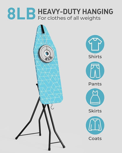 LyriFine Ironing Board, 2-in-1 Flat and Hanging Board, Sturdy Steel Frame Iron Board with Non-Slip Feet, Heat Resistant Cover Iron Board, Foldable Ironing Board Full Size with Hook, 14″ x 43″ Blue