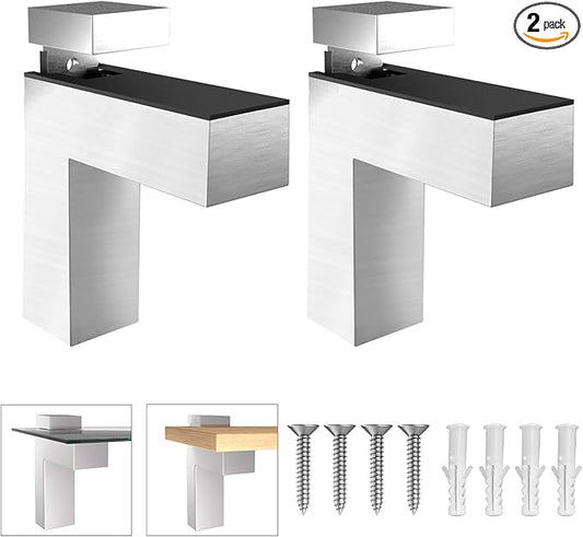 Adjustable Floating Shelf Bracket (2 Pack), Heavy Duty Zinc Alloy L Brackets for 3-28mm Thick Glass/Wood Shelving, Wall Mount Clamp Support for Bathroom Kitchen Cabinet - Rust Resistant Chrome Finish