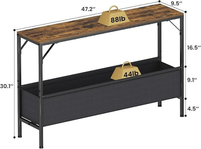 47.2'' Console Table, 9.5" D Entryway Table with Storage Basket, Narrow Sofa Table, Behind Couch Table for Hallway, Foyer, Corridor, Living Room, Rustic Brown