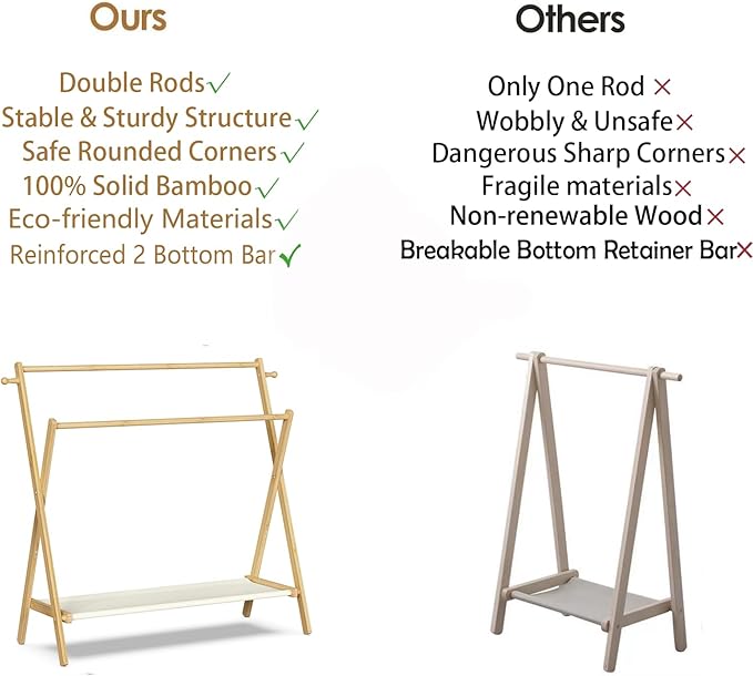 Kids Clothing Rack With Storage Shelf & Double Rods, Foldable Dress Up Clothes Rack for Toddler Nursery, Child's Room, 100% Natural Bamboo (Large Size)