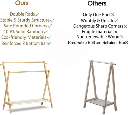 Kids Clothing Rack With Storage Shelf & Double Rods, Foldable Dress Up Clothes Rack for Toddler Nursery, Child's Room, 100% Natural Bamboo (Large Size)