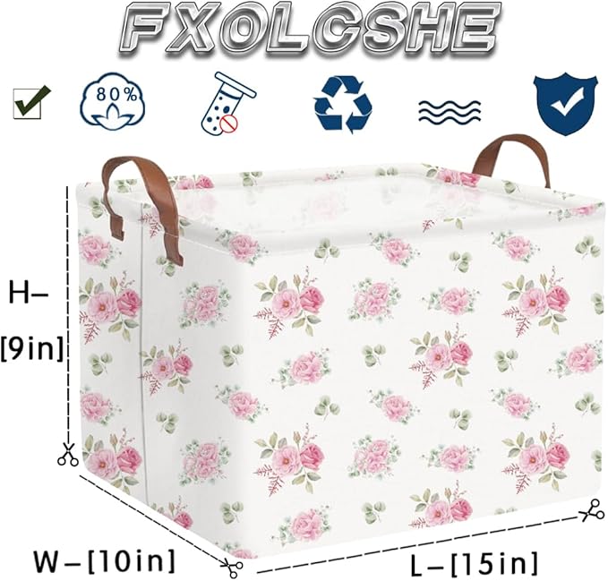 Rectangular Rose Pink Flower Basket for Girls,Waterproof collapsible laundry basket for girls,Kids Storage Baskets,Books Box,Gift Baskets,Baby Room Decor(Pink Flowers)