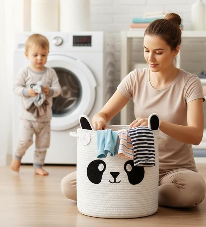 Collapsible Laundry Baskets for Kids & Toy Storage Organizer | Large Panda Woven Cotton Rope Bin for Stuffed Plushies | Cute Animal Face Hamper with Cutout Handles for Nursery, Playroom & more (Panda)