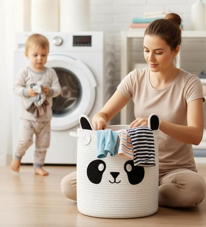 Collapsible Laundry Baskets for Kids & Toy Storage Organizer | Large Panda Woven Cotton Rope Bin for Stuffed Plushies | Cute Animal Face Hamper with Cutout Handles for Nursery, Playroom & more (Panda)